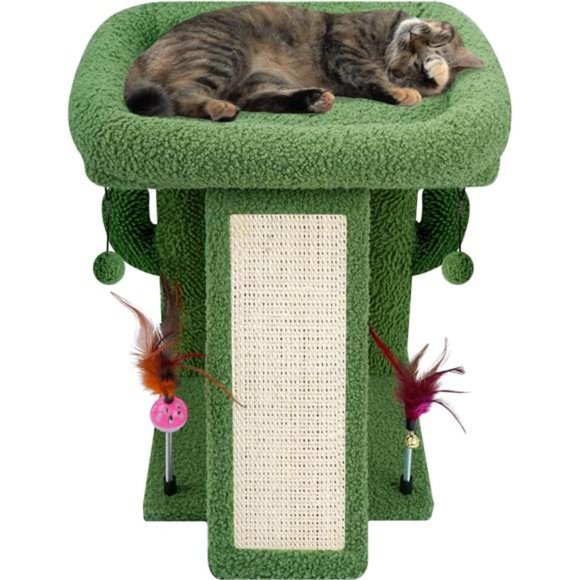 Cactus Cat Tree Tower with Cat Scratching Post with Playful Toy Balls, Green